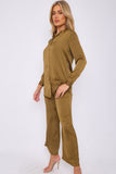 6Pcs Olive Crepe Satin Co-ord Shirt and Trousers Set