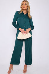 6Pcs Bottle Green Crepe Satin Co-ord Shirt and Trousers Set