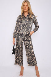 6Pcs Beige and Black Graphic Print Co-ord Shirt and Trousers Set