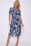 8Pcs Navy Floral Print Baloon Sleeve Knot Waist Midi Dress