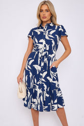 8Pcs Blue Abstract Leaf Printed Frilled Hem Midi Dress