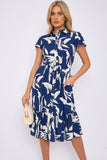 8Pcs Blue Abstract Leaf Printed Frilled Hem Midi Dress