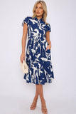8Pcs Blue Abstract Leaf Printed Frilled Hem Midi Dress