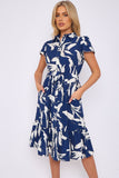 8Pcs Blue Abstract Leaf Printed Frilled Hem Midi Dress