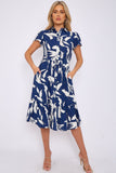 8Pcs Blue Abstract Leaf Printed Frilled Hem Midi Dress