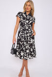 8Pcs Black Leaf Printed Frilled Hem Midi Dress