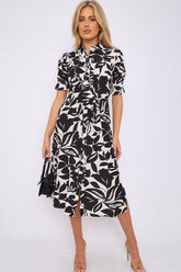 8Pcs Black Floral Print Baloon Sleeve Knot Waist Midi Dress