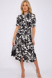 8Pcs Black Floral Print Baloon Sleeve Knot Waist Midi Dress