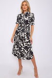 8Pcs Black Floral Print Baloon Sleeve Knot Waist Midi Dress