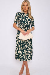 8Pcs Emerald Abstract Print Short Sleeve Knot Waist Midi Dress
