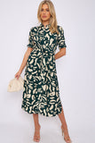 8Pcs Emerald Abstract Print Short Sleeve Knot Waist Midi Dress