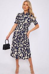 8Pcs Navy Abstract Print Short Sleeve Knot Waist Midi Dress
