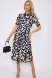 8Pcs Navy Abstract Print Short Sleeve Knot Waist Midi Dress