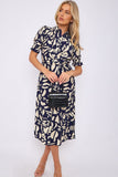 8Pcs Navy Abstract Print Short Sleeve Knot Waist Midi Dress