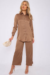 6Pcs Caramel Brown Satin Co-ord Shirt and Trousers Set