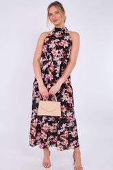 8Pcs Black Floral Print Halter Neck Maxi Dress
