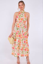 8Pcs Orange Floral Print Halter Neck Maxi Dress