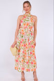 8Pcs Orange Floral Print Halter Neck Maxi Dress