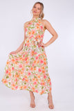 8Pcs Orange Floral Print Halter Neck Maxi Dress