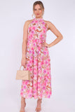 8Pcs Pink Floral Print Halter Neck Maxi Dress
