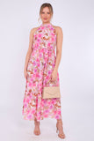 8Pcs Pink Floral Print Halter Neck Maxi Dress