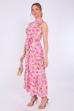8Pcs Pink Floral Print Halter Neck Maxi Dress