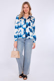 8Pcs Blue Watercolour Print Satin Blouse