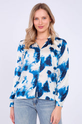 8Pcs Blue Watercolour Print Satin Blouse