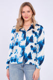 8Pcs Blue Watercolour Print Satin Blouse