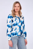 8Pcs Blue Watercolour Print Satin Blouse