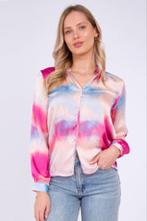 8Pcs Pink Pastel Tie Dye Print Satin Blouse