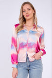 8Pcs Pink Pastel Tie Dye Print Satin Blouse