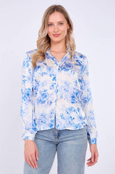 8Pcs Blue Floral Print Satin Blouse