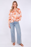8Pcs Orange Floral Print Satin Blouse