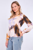 8Pcs Purple and Brown Tie Dye Print Satin Blouse