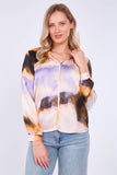 8Pcs Purple and Brown Tie Dye Print Satin Blouse