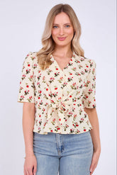 8Pcs White Floral Print Short Sleeve Knotted Top