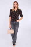 8Pcs Black Floral Print Short Sleeve Knotted Top