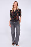 8Pcs Black Floral Print Short Sleeve Knotted Top