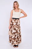 8Pcs Brown Roses Print Tiered Maxi Skirt