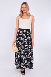 8Pcs Mono Floral Print Tiered Maxi Skirt