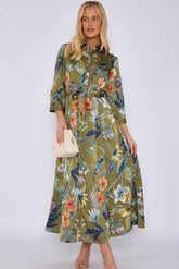 8Pcs Khaki Botanical Print Satin Maxi Shirt Dress
