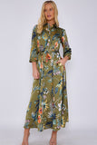 8Pcs Khaki Botanical Print Satin Maxi Shirt Dress