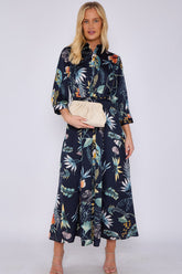 8Pcs Navy Botanical Print Satin Maxi Shirt Dress