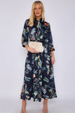 8Pcs Navy Botanical Print Satin Maxi Shirt Dress