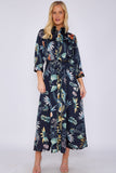 8Pcs Navy Botanical Print Satin Maxi Shirt Dress