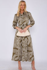 8Pcs Khaki Geometric Print Satin Maxi Shirt Dress