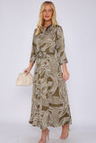 8Pcs Khaki Geometric Print Satin Maxi Shirt Dress