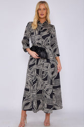 8Pcs Black Geometric Print Satin Maxi Shirt Dress