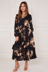 8Pcs Black and Gold Tie Dye Print Maxi Shirt Dress